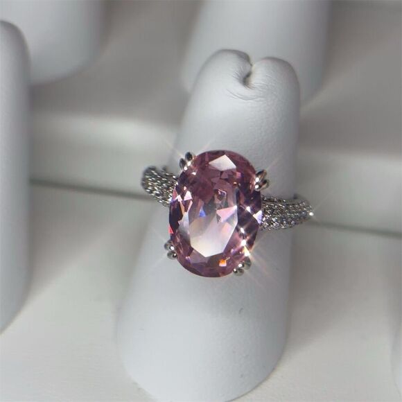 Pink Solitaire Gemstone Ring w/ Clear Accents Silver Plated Engagement size 6 - Picture 9 of 10